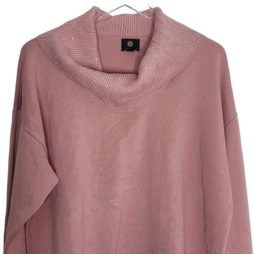 JM Collection Long Cowl Neck Sweater Pink Sequined Pullover Lagenlook Knit L